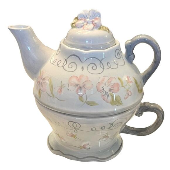 Tracy Porter Georgette TEA FOR ONE Ceramic Cup + Teapot & Lid Pink Gray + Tag - Picture 7 of 10